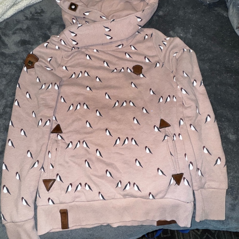 Naketano Blush Hoodie with Leather Patches Carrying Metal Owls Woman’s Large